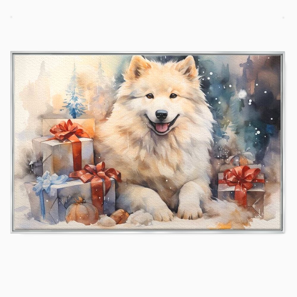 Tablou canvas cu tablou cu caine samoyed si cadouri de craciun, in rama de aluminiu argintiu